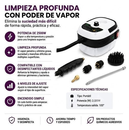 LIMPIADORA A VAPOR DE ALTA PRESIÓN | INCLUYE KIT DE ACCESORIOS GRATIS🎁